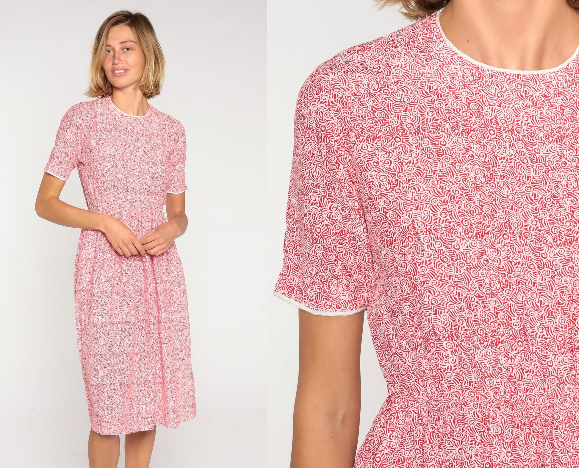 80s Red Abstract Print Knee-Length Dress High Waist Short Sleeve Extra Small