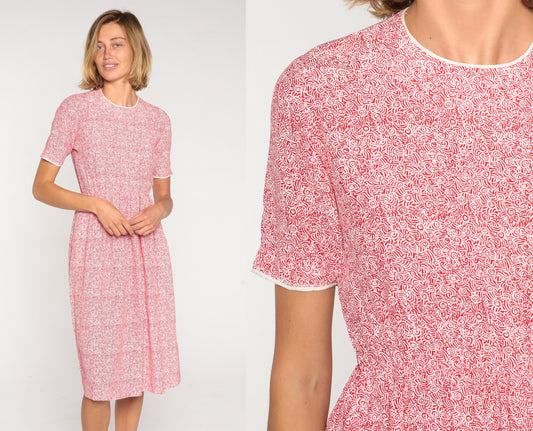 80s Red Abstract Print Knee-Length Dress High Waist Short Sleeve Extra Small