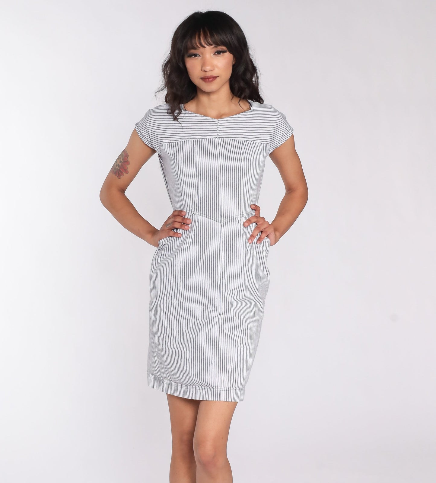 00s Pinstripe Mini Dress White Grey Sheath High Waist Pockets Small S