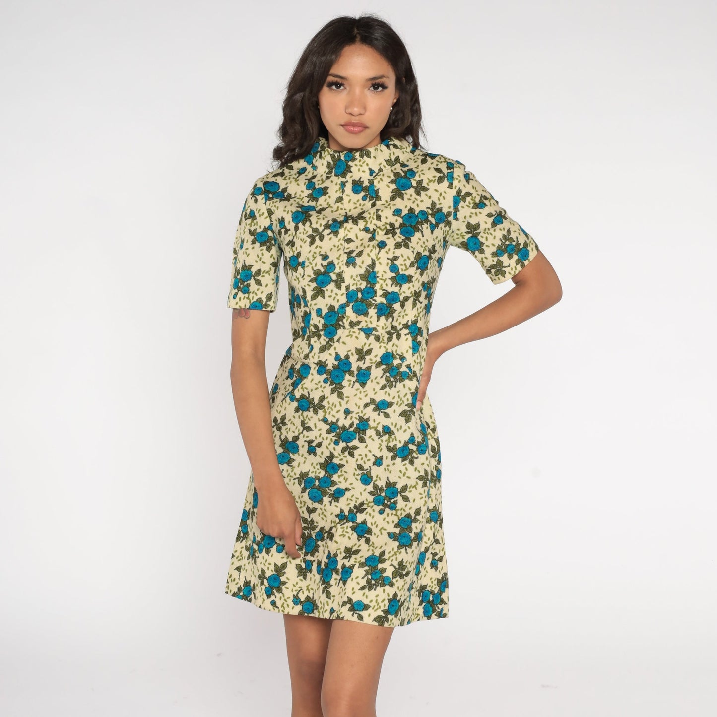 60s Floral Wool Blend Mini Dress Mock Neck A-Line Short Sleeve Cream Blue Extra Small