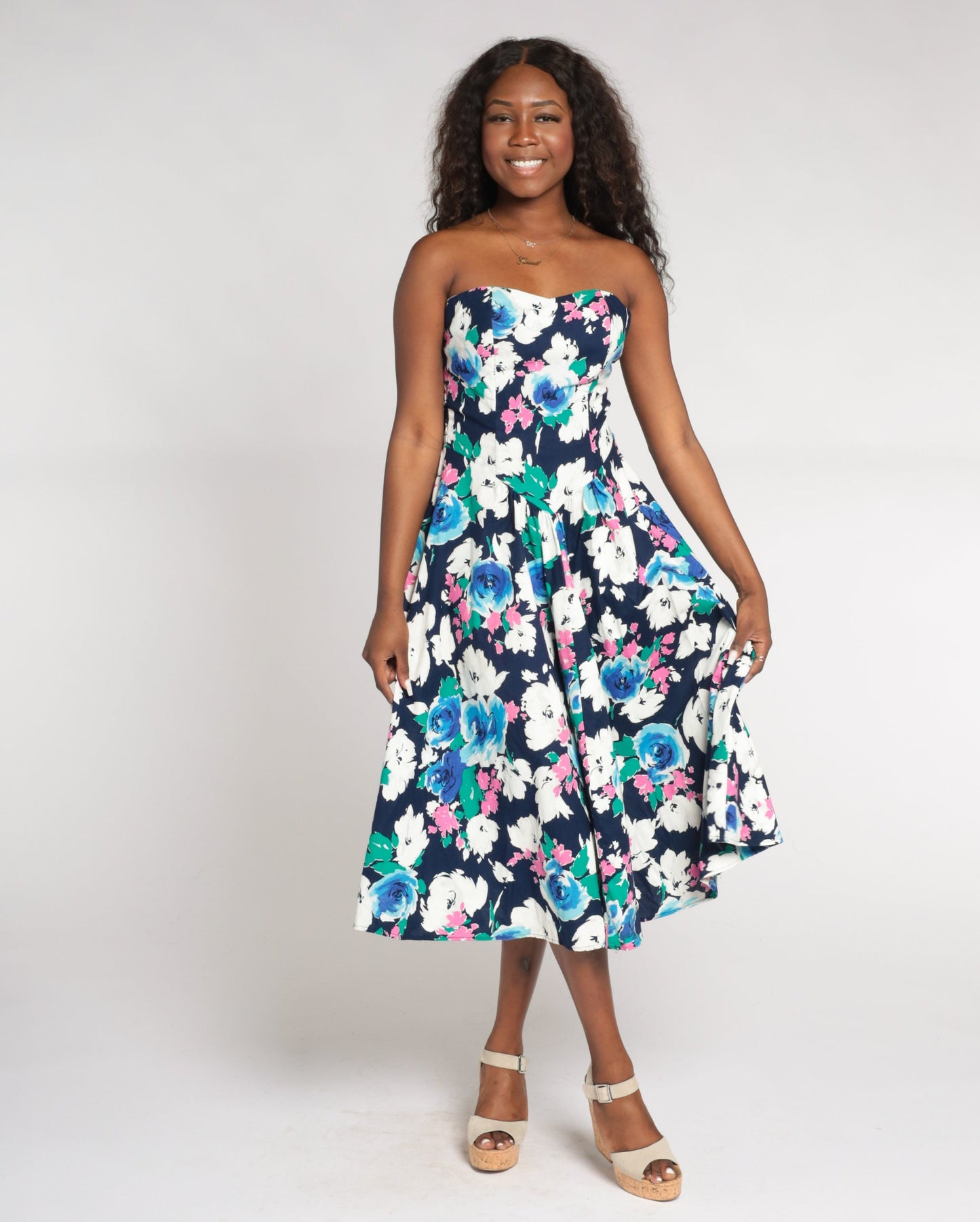 80s Floral Strapless Midi Dress Smocked Sweetheart Neckline Navy Rose Print Medium