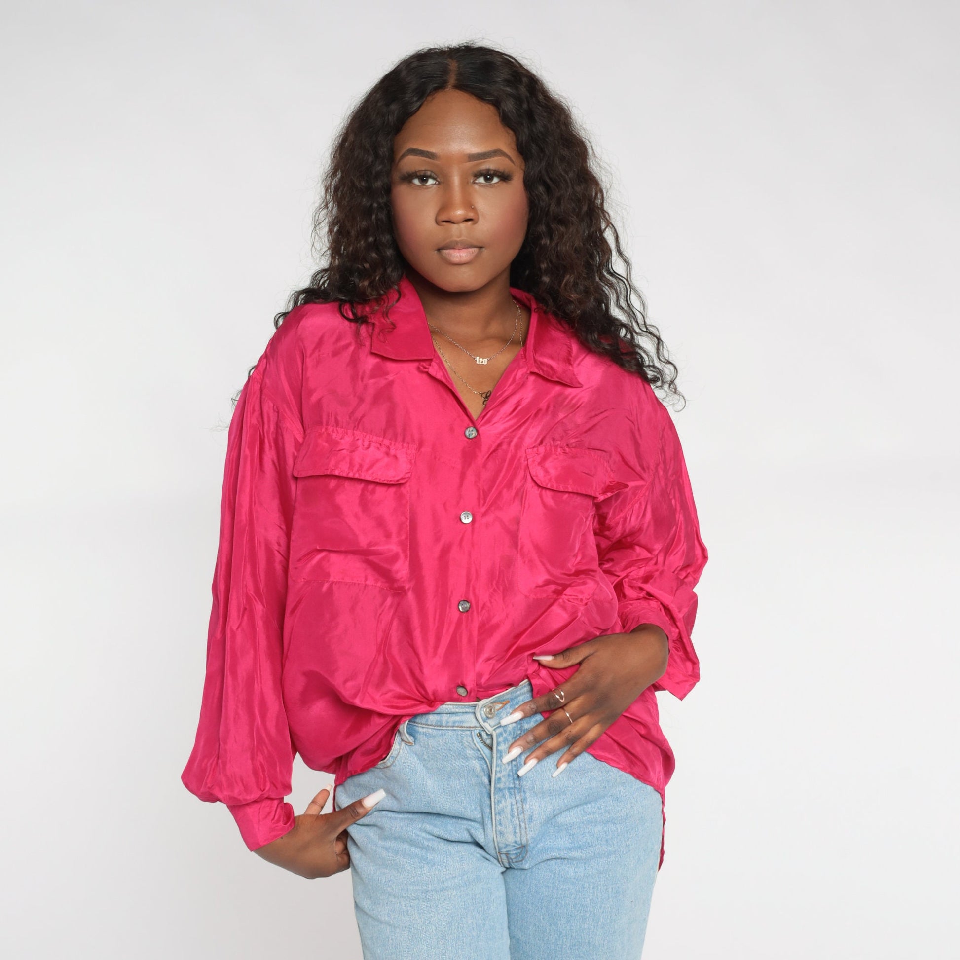 00s Hot Pink Silk Button-Up Blouse Long Sleeve Collared Shirt Large L