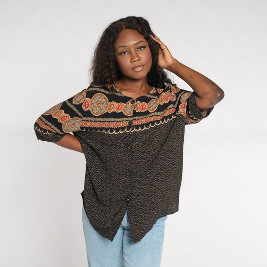 90s Black Abstract Medallion Print Button Up Shirt Rayon Short Sleeve Large L