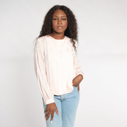 90s Baby Pink Embossed Floral Blouse Pleated Long Sleeve Large