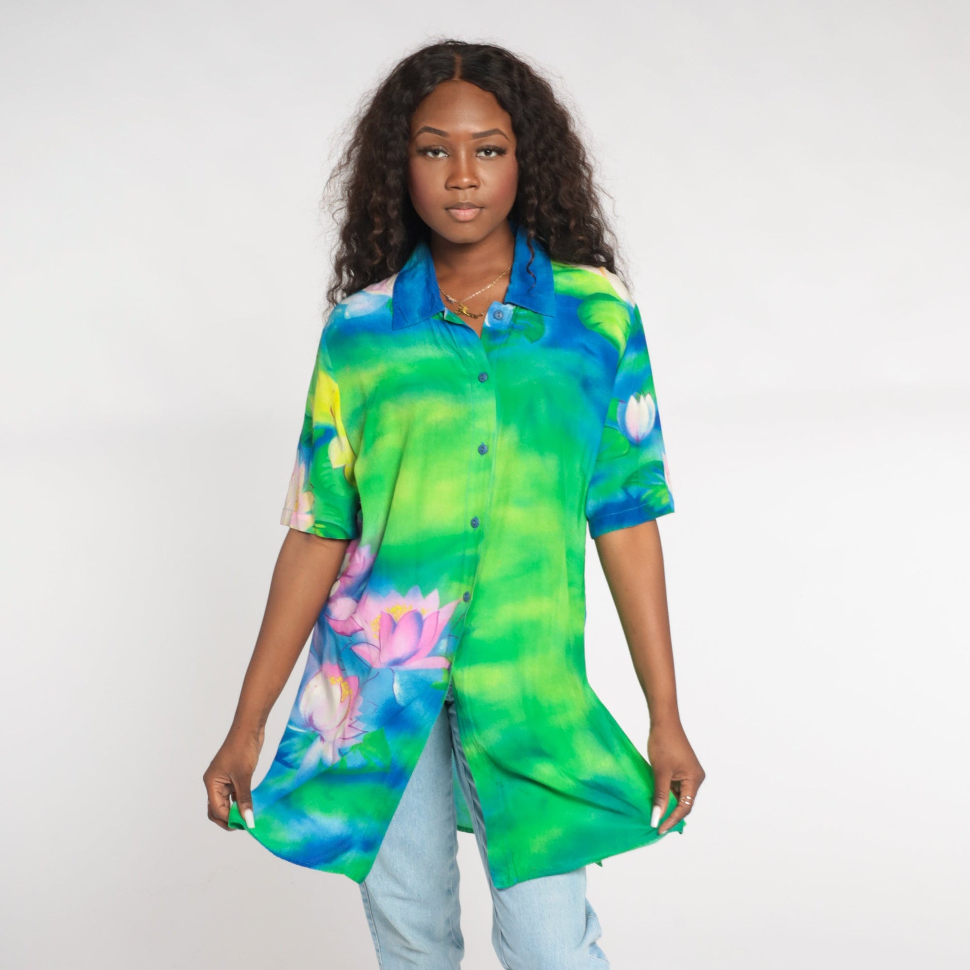 Y2K Water Lily Floral Button Up Blouse Blue Green Pink Short Sleeve Medium Large