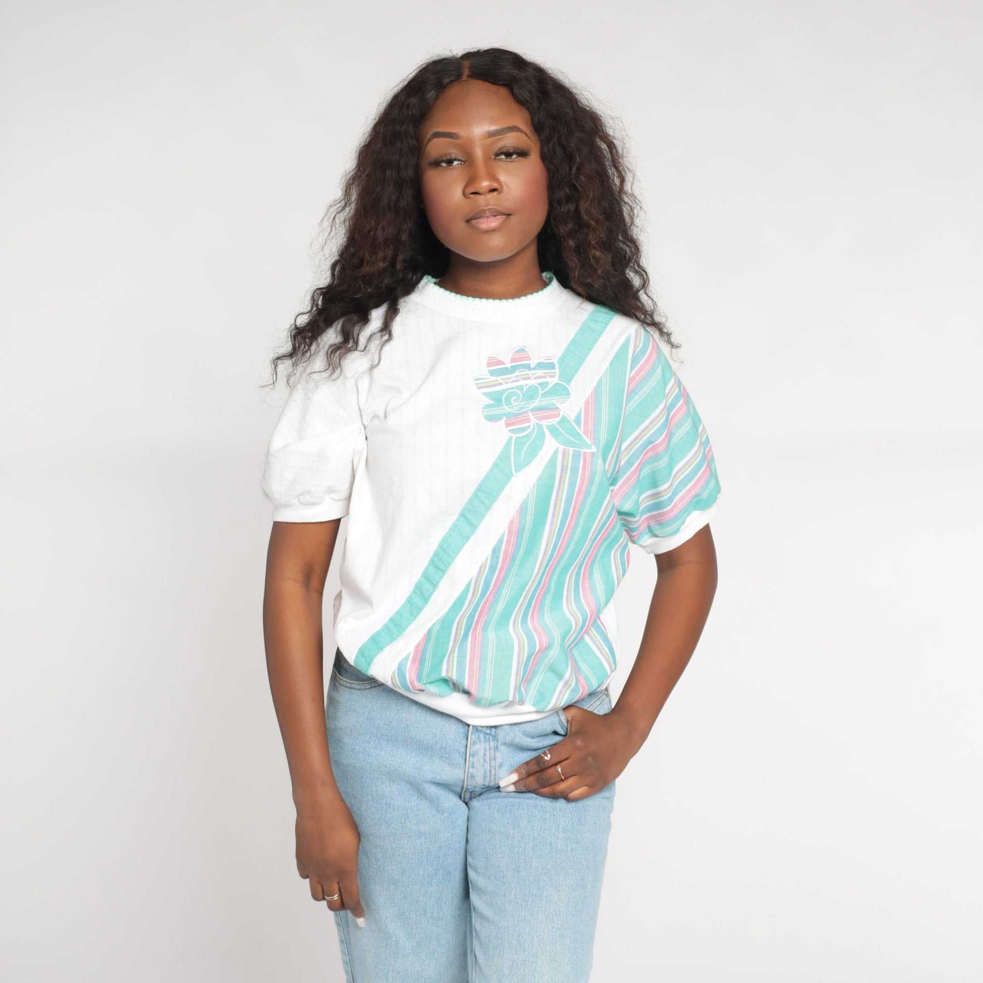 90s Floral Striped Colour Block Ribbed Shirt White Green Medium M