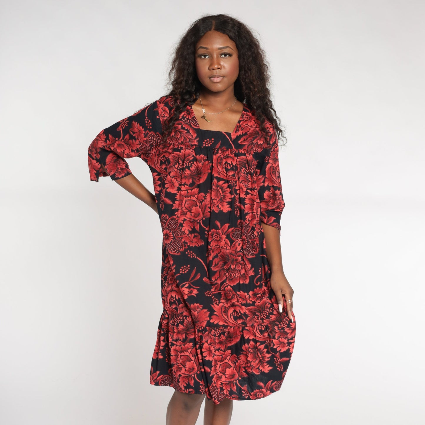 90s Black Red Floral Tent Dress Knee Length Cotton 3/4 Sleeve Medium M