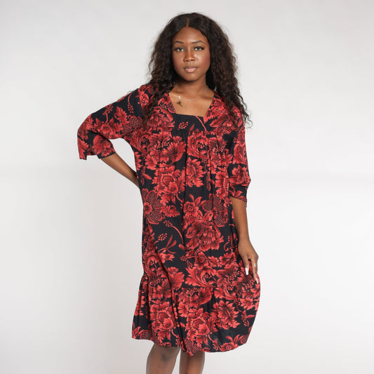 90s Black Red Floral Tent Dress Knee Length Cotton 3/4 Sleeve Medium M