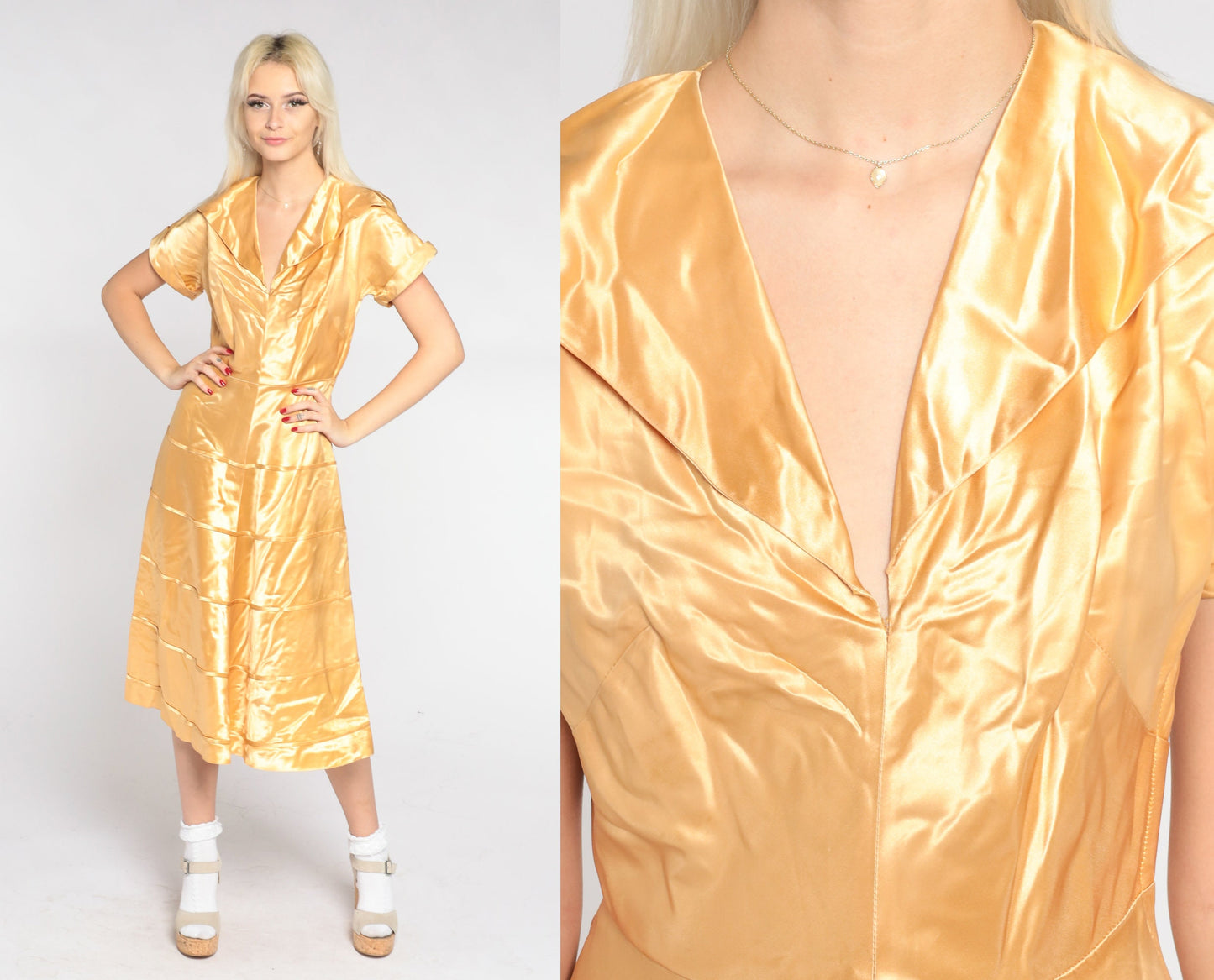 1940s Gold Silk Satin Midi Dress V-Neck Collared Short Sleeve Small S