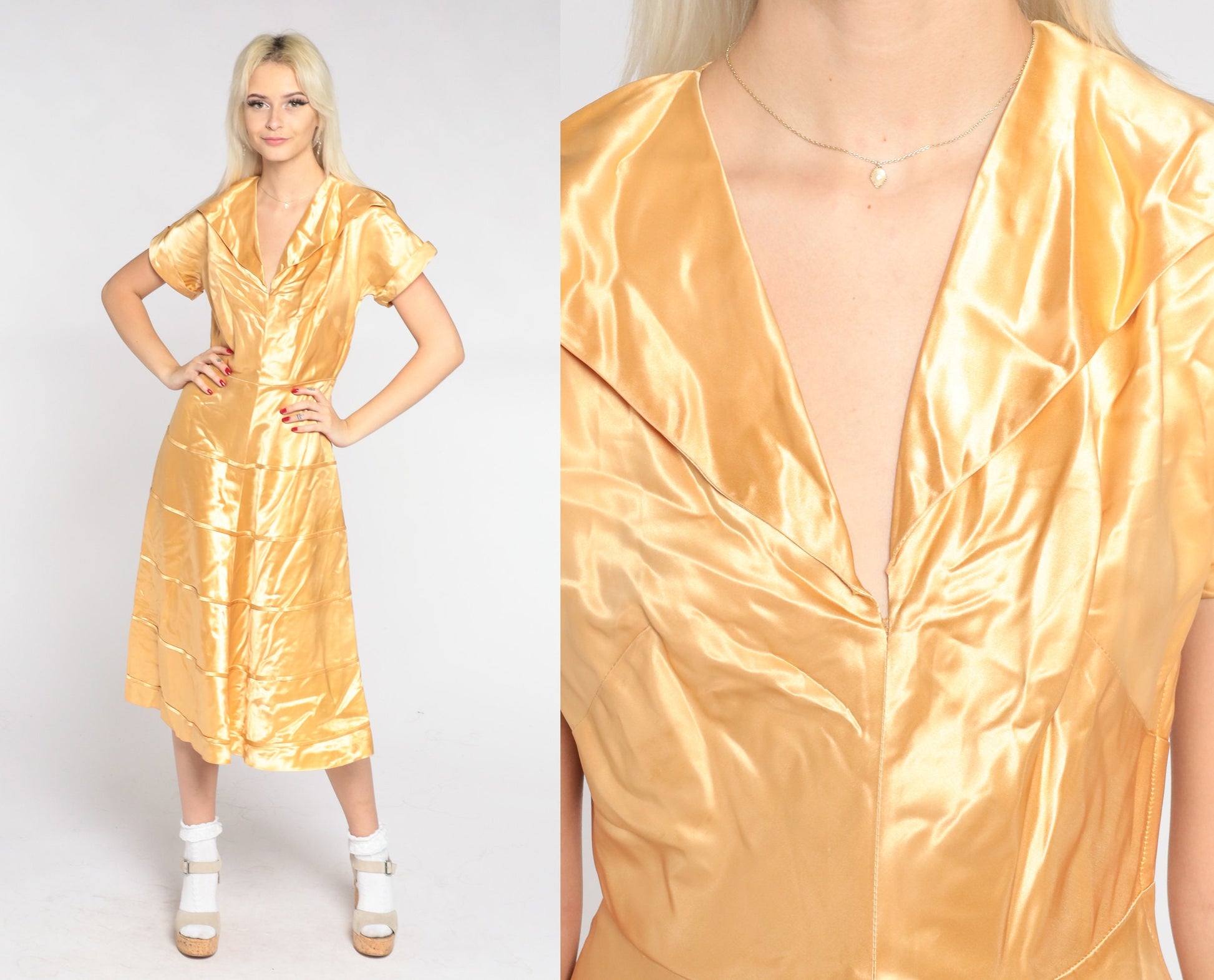 1940s Gold Silk Satin Midi Dress V-Neck Collared Short Sleeve Small S
