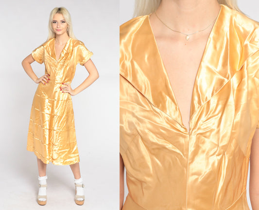 1940s Gold Silk Satin Midi Dress V-Neck Collared Short Sleeve Small S