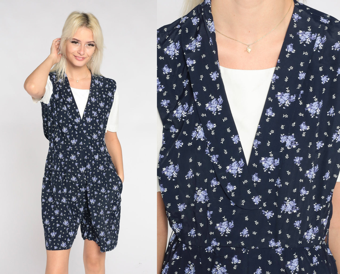 90s Floral Navy Blue Romper White Layered Short Sleeve Wide Leg Small