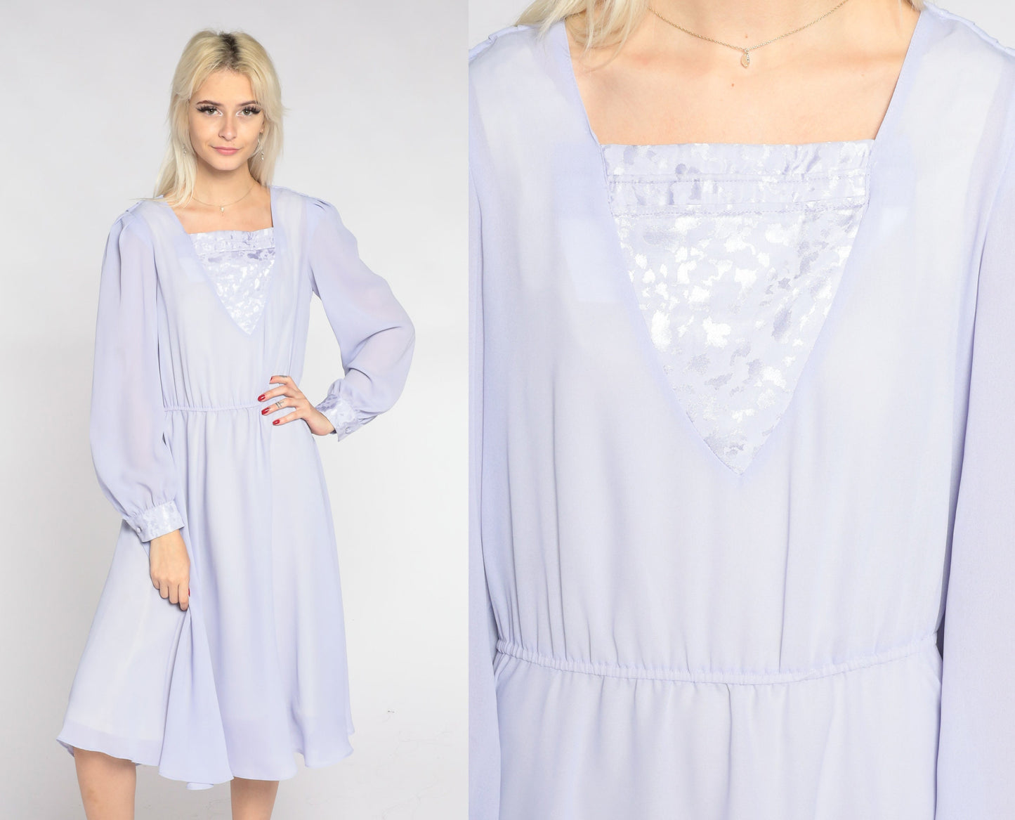 80s Hal Ferman Lavender Midi Dress High Waist Long Sleeve Draped Small