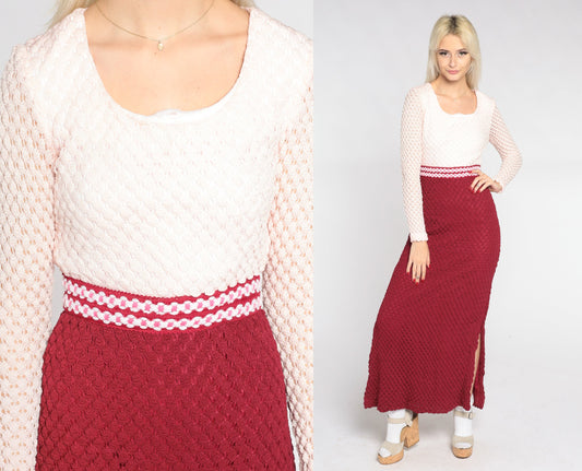 70s Crochet Maxi Dress Burgundy White High Waist Long Sleeve Small