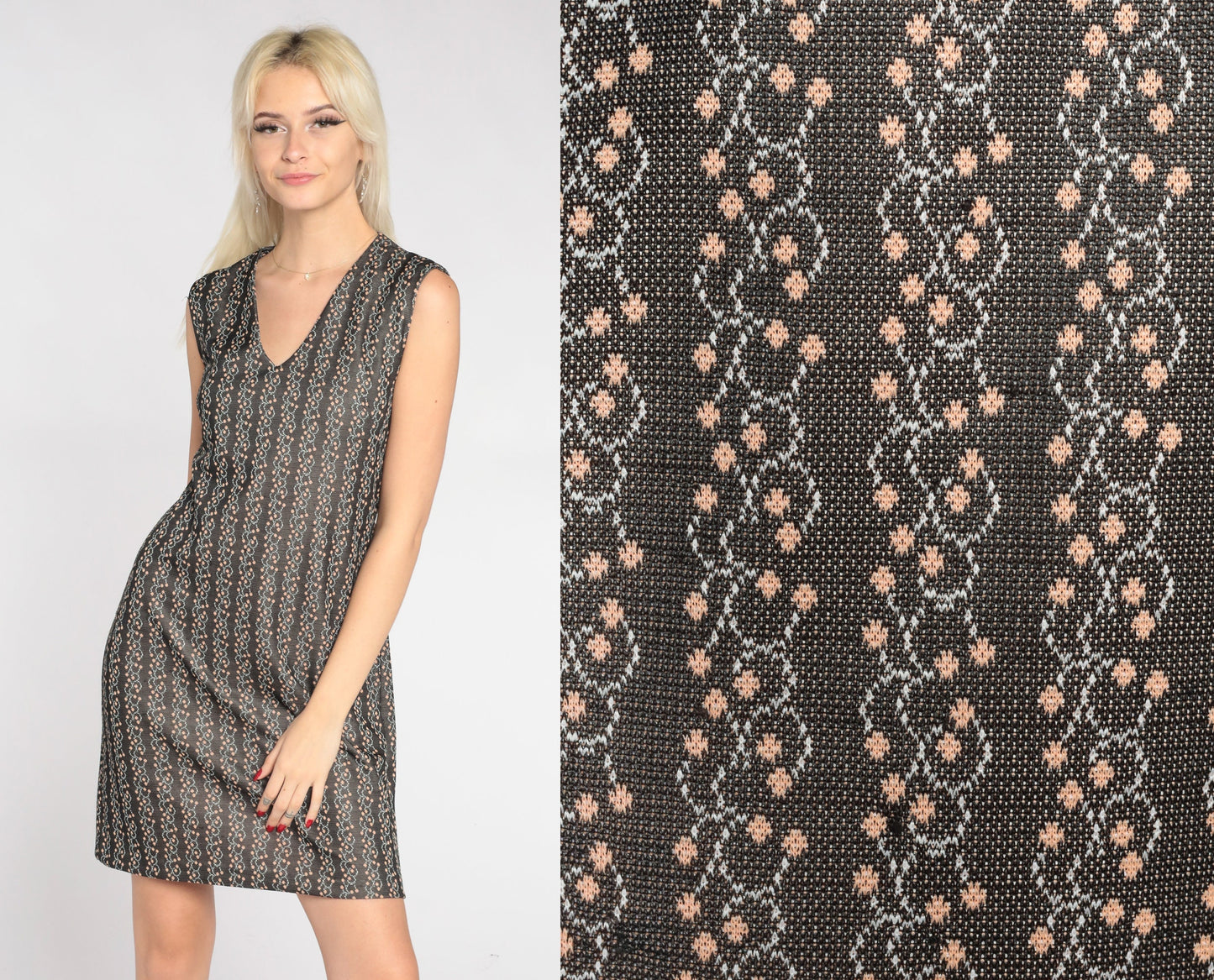 60s Floral Shift Mini Dress Grey V-Neck Sleeveless Small