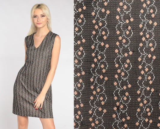 60s Floral Shift Mini Dress Grey V-Neck Sleeveless Small