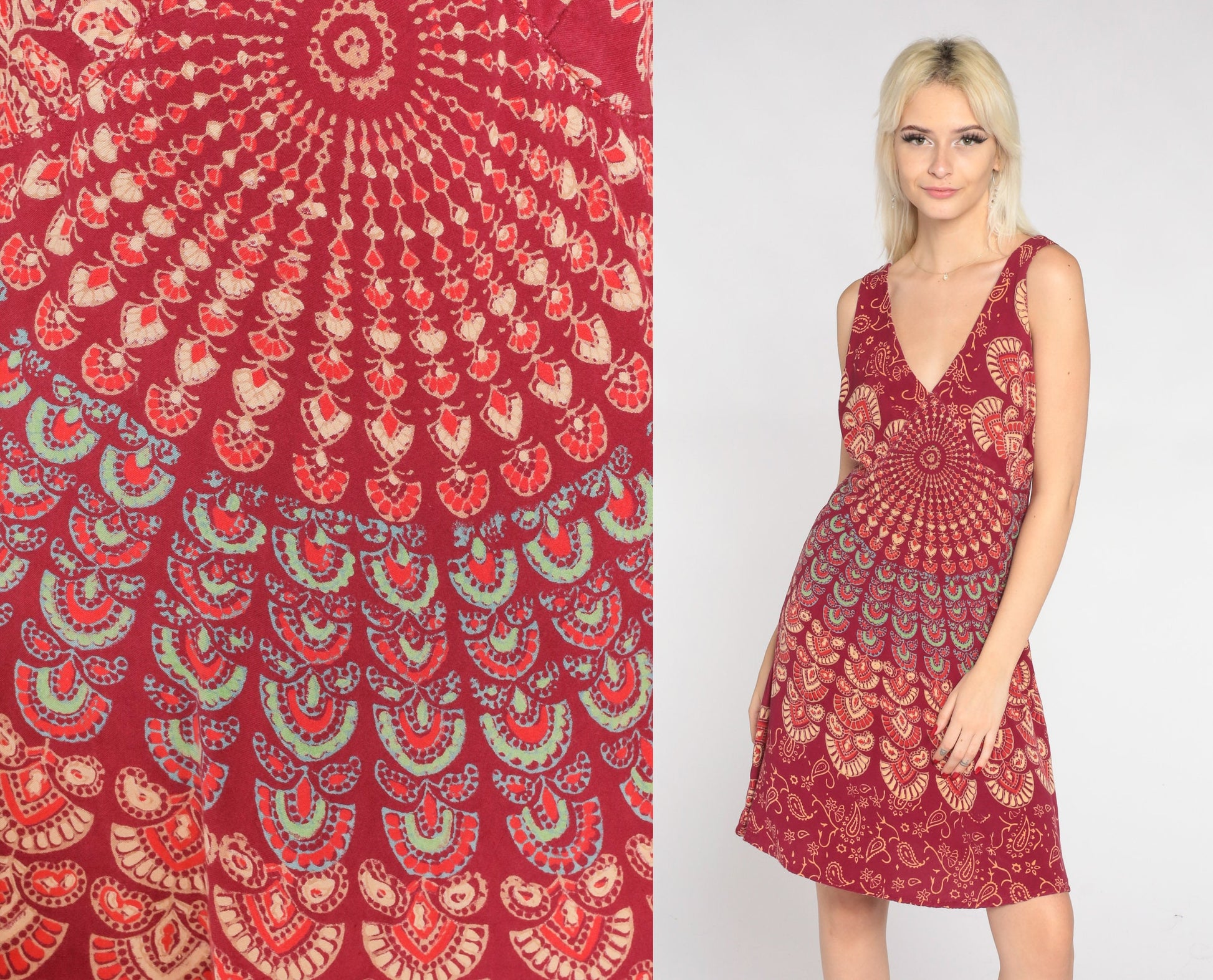 90s Red Mandala Floral Mini Dress V-Neck Empire Waist Sleeveless Large L
