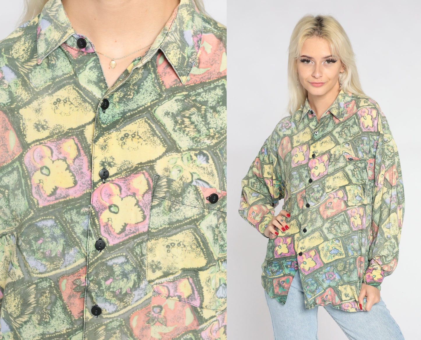90s Abstract Floral Button-Up Shirt Long Sleeve Collared Green Yellow Pink Medium