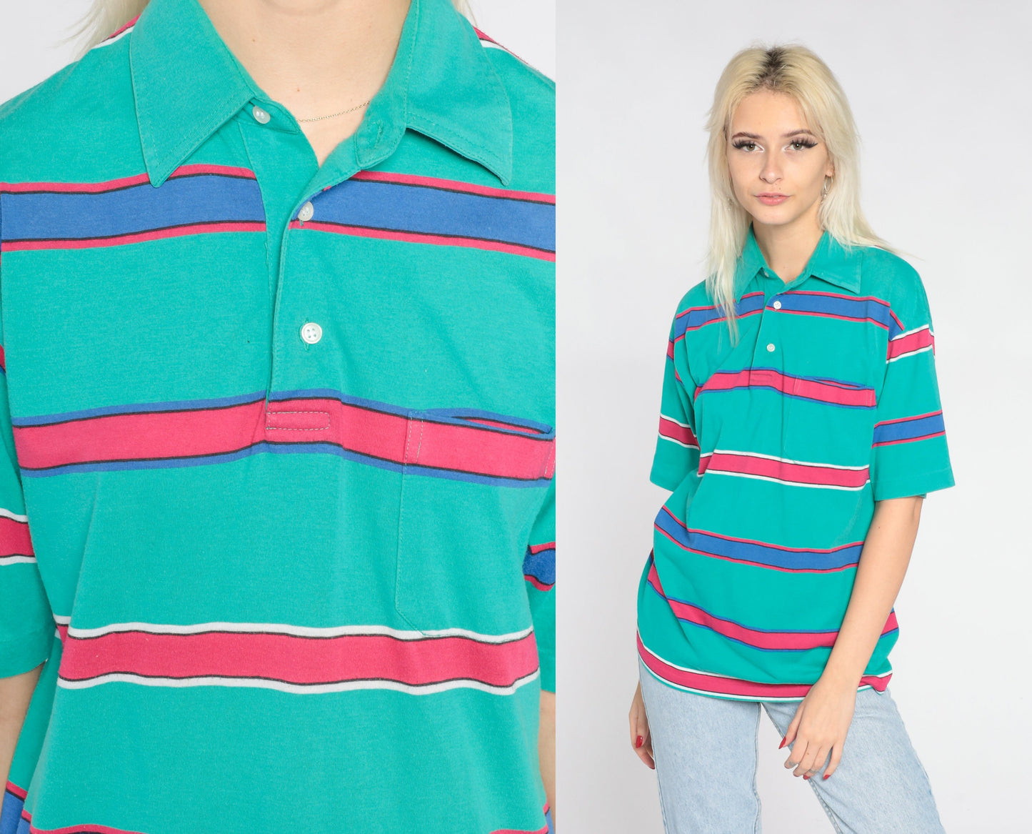 90s Green Striped Polo Shirt Pink Blue Stripes Collared Short Sleeve Small