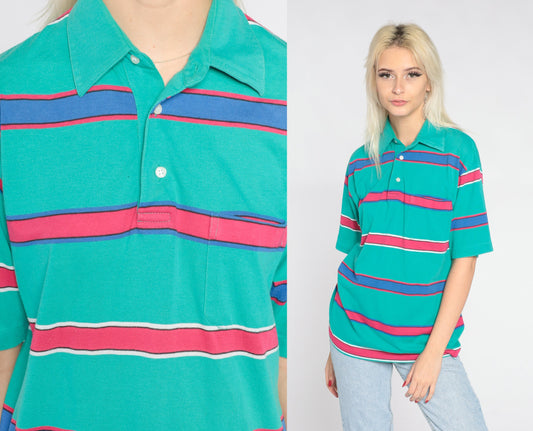 90s Green Striped Polo Shirt Pink Blue Stripes Collared Short Sleeve Small