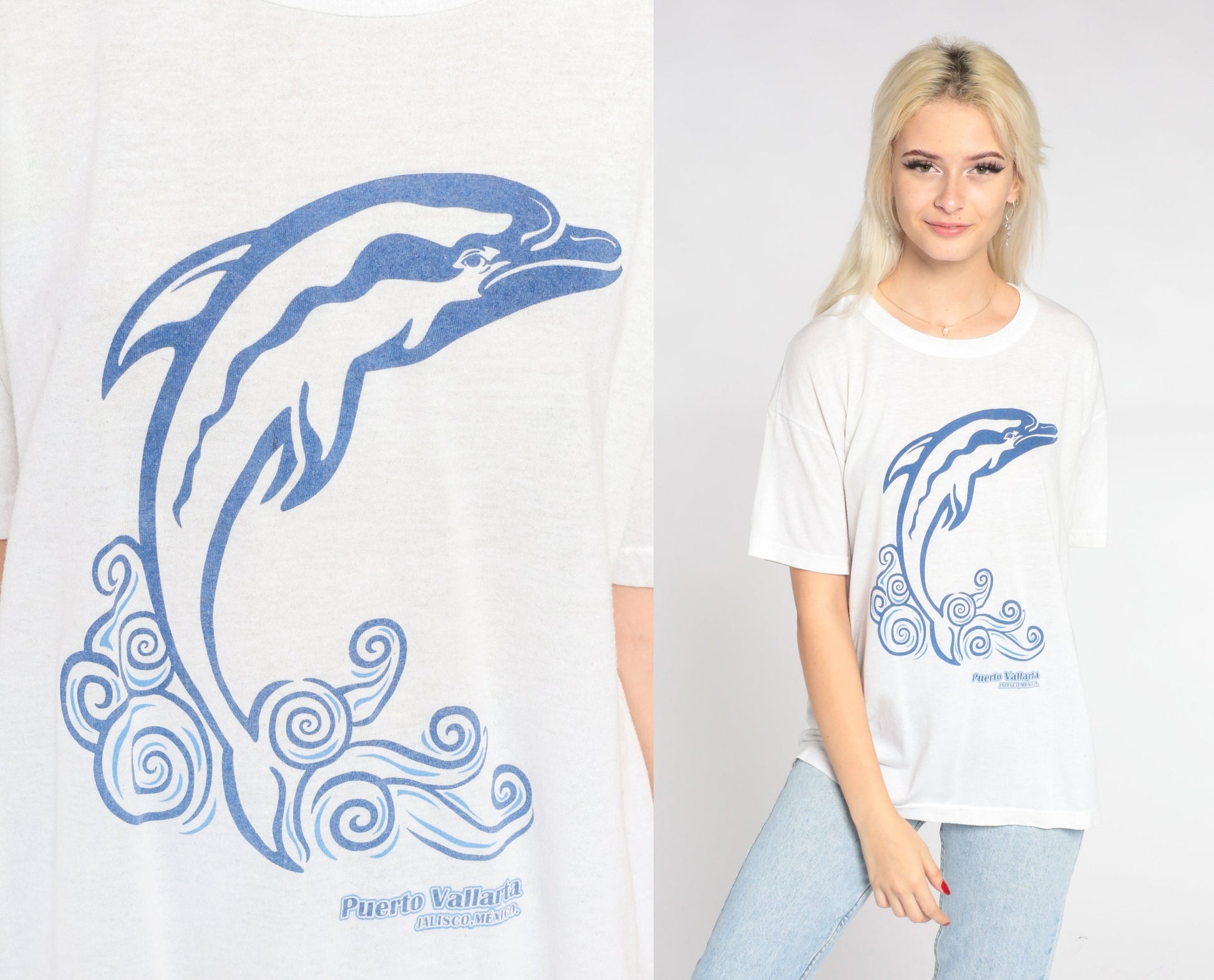 90s Dolphin Puerto Vallarta Mexico Graphic T-Shirt White Cotton Large L