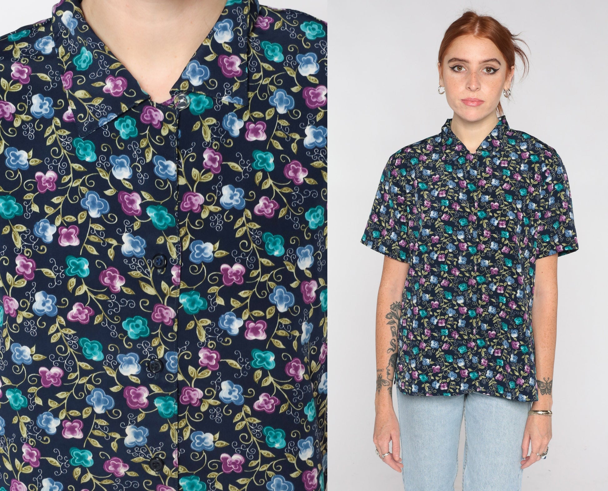 00s Floral Button Up Blouse Navy Short Sleeve Shoulder Pad Top Medium