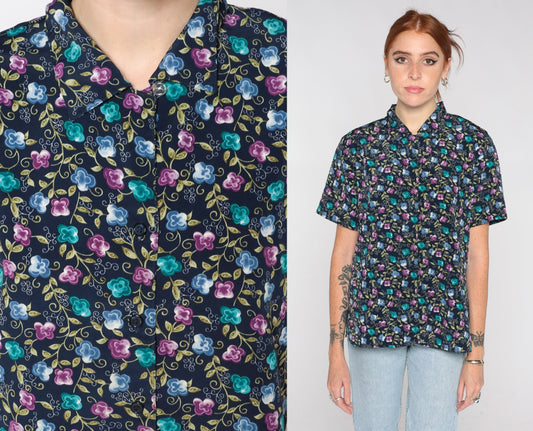 00s Floral Button Up Blouse Navy Short Sleeve Shoulder Pad Top Medium