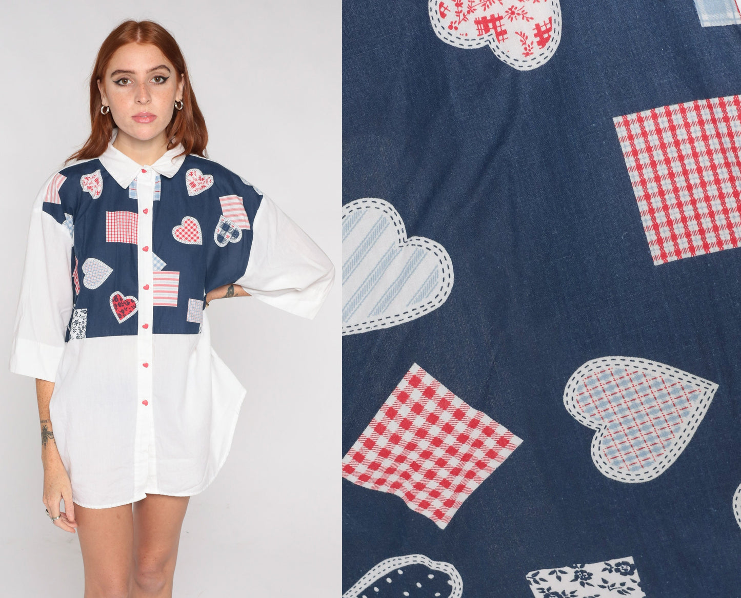 80s Heart Print Button Up Blouse Blue White 3/4 Sleeve Plus Size XXL