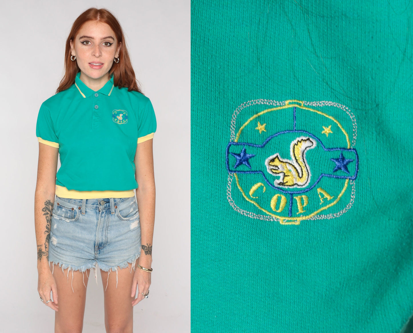 90s Green Polo Shirt Squirrel Copa Crest Cropped Quarter Button Short Sleeve Extra Small