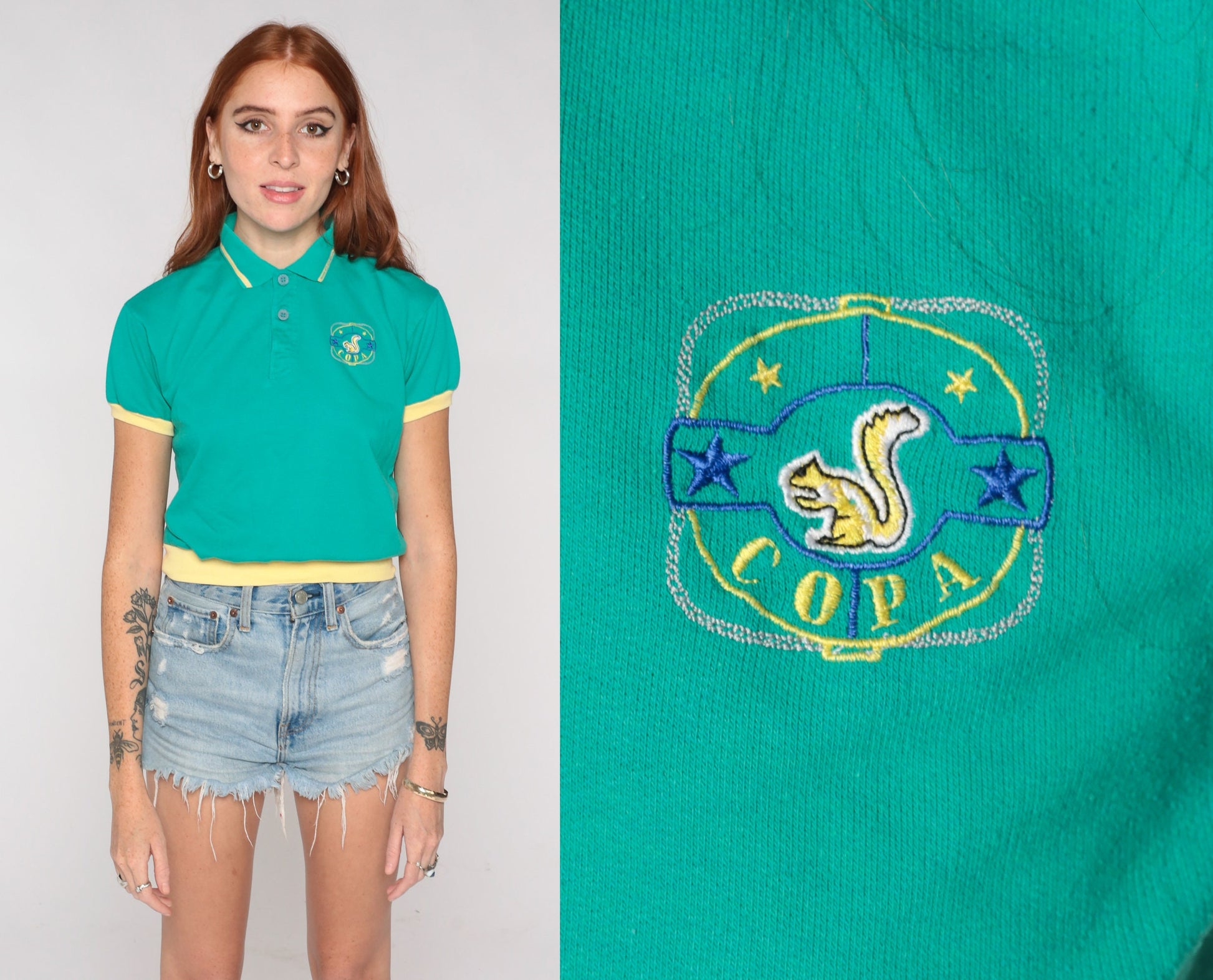 90s Green Polo Shirt Squirrel Copa Crest Cropped Quarter Button Short Sleeve Extra Small