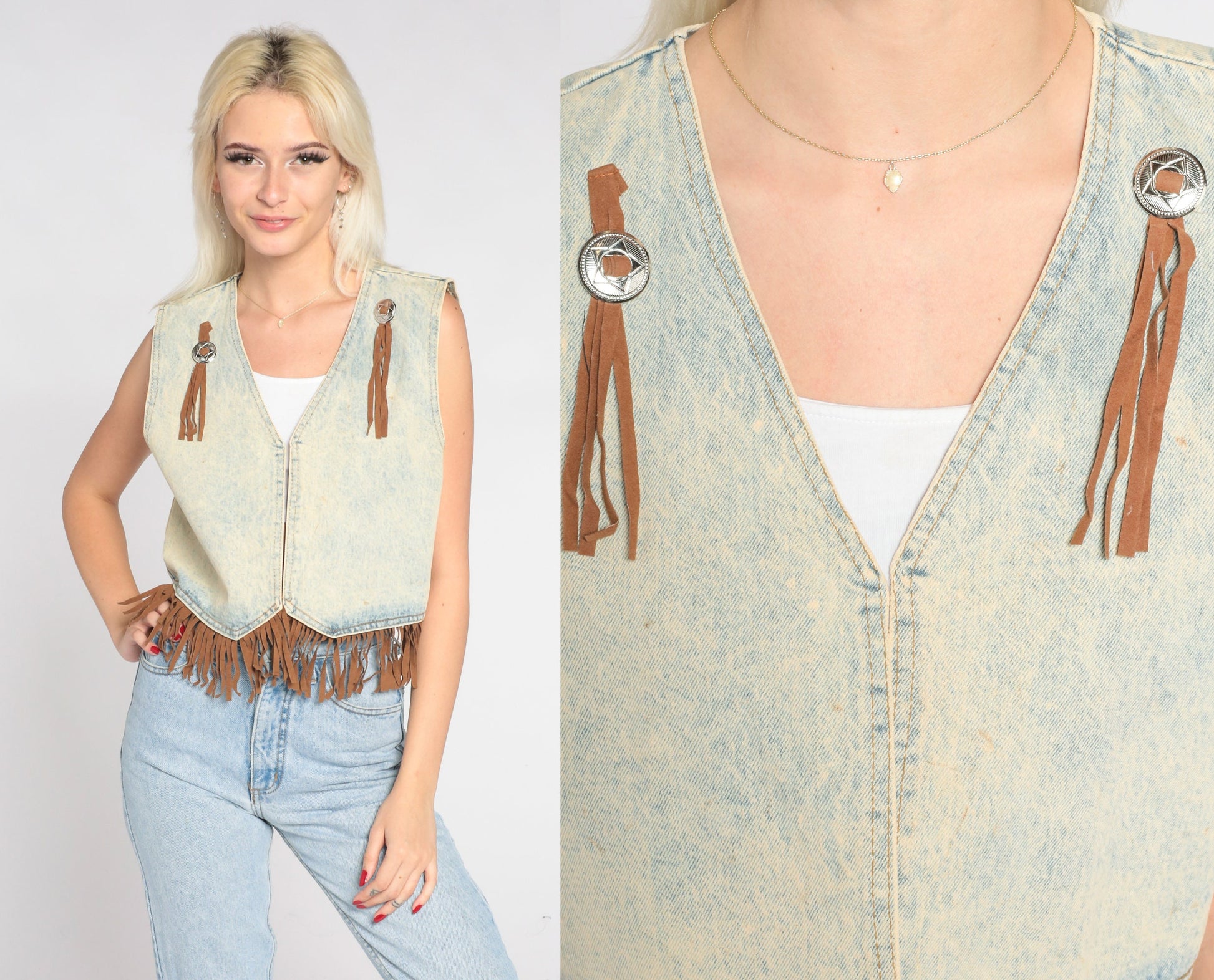 90s Acid Wash Denim Vest Brown Fringe Concho Open Front Cropped Small
