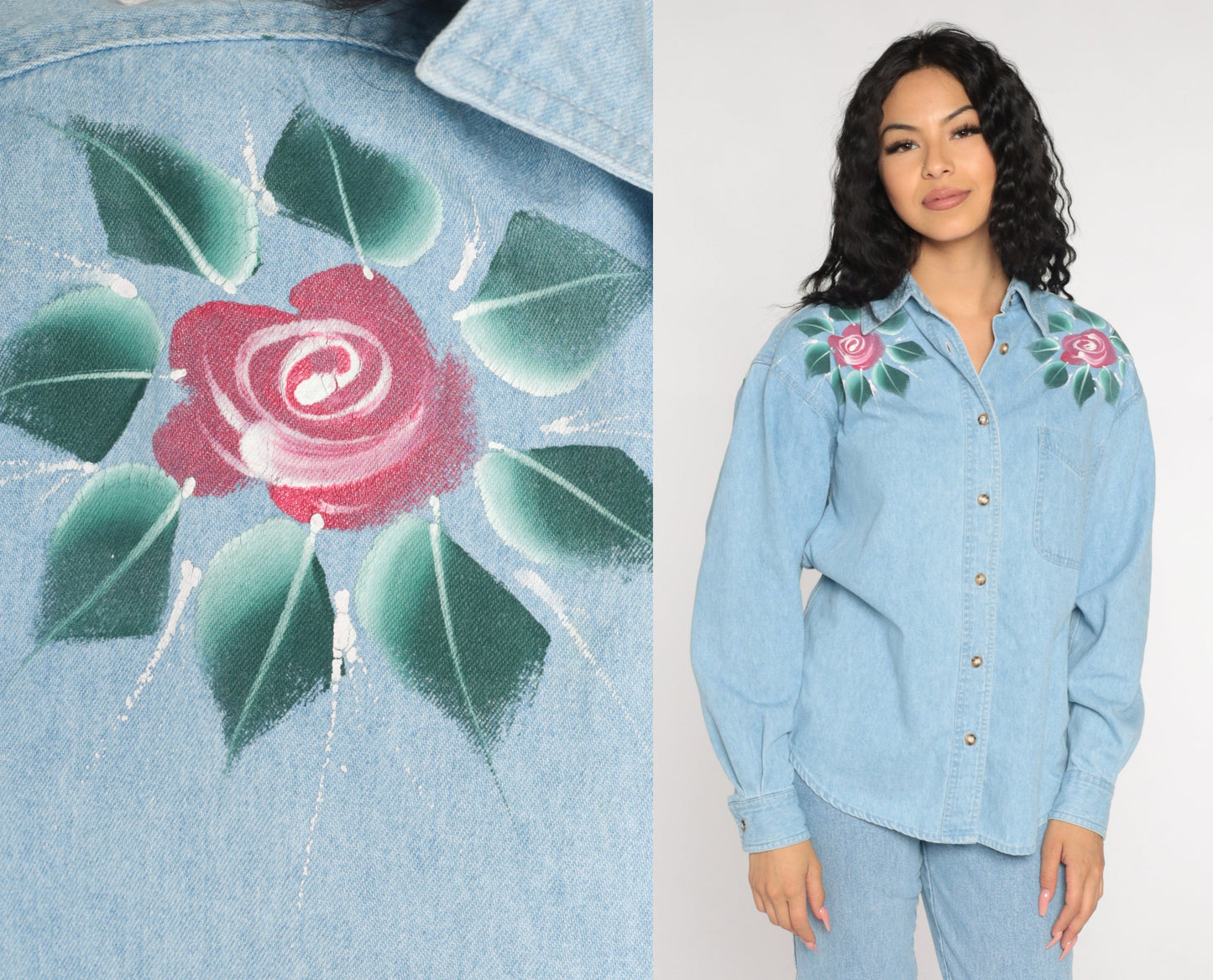 90s Blue Denim Shirt Floral Rose Print Button-Up Blouse Long Sleeve Medium M