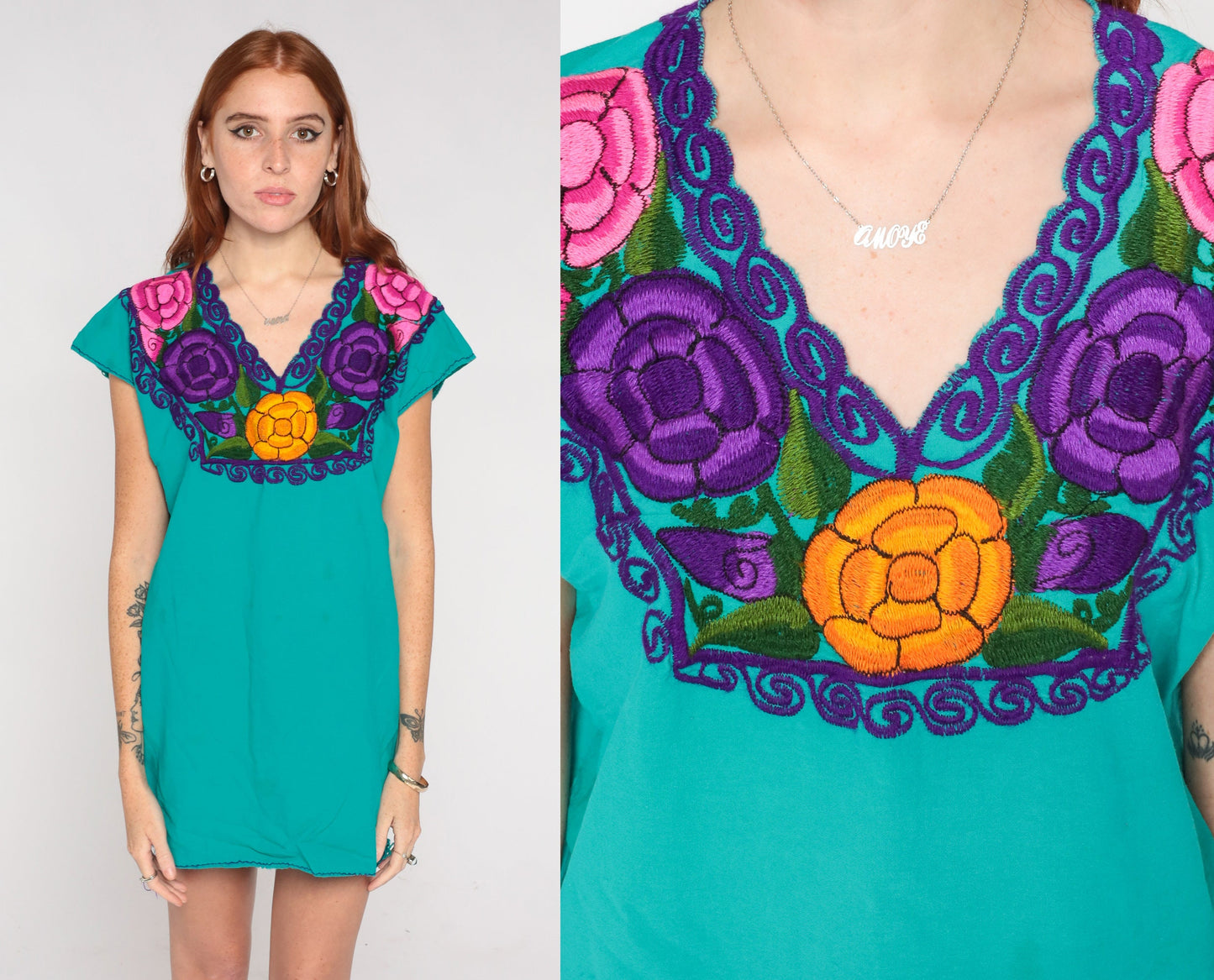 Mexican Embroidered Floral Blouse Teal Green Tunic V-Neck Cap Sleeve Small Medium
