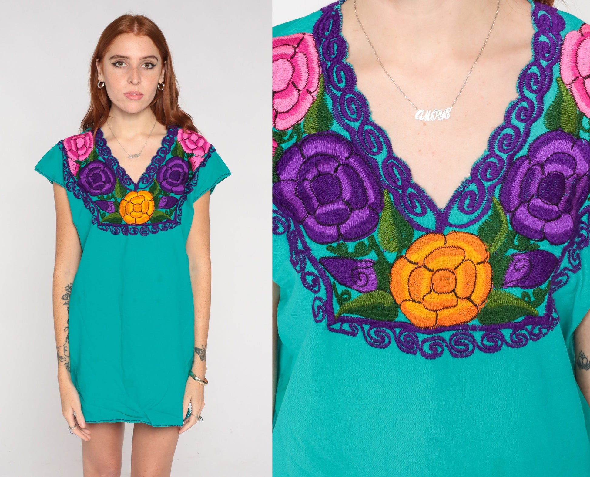 Mexican Embroidered Floral Blouse Teal Green Tunic V-Neck Cap Sleeve Small Medium