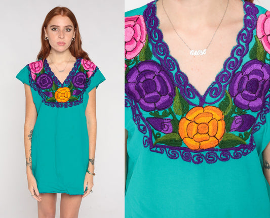Mexican Embroidered Floral Blouse Teal Green Tunic V-Neck Cap Sleeve Small Medium