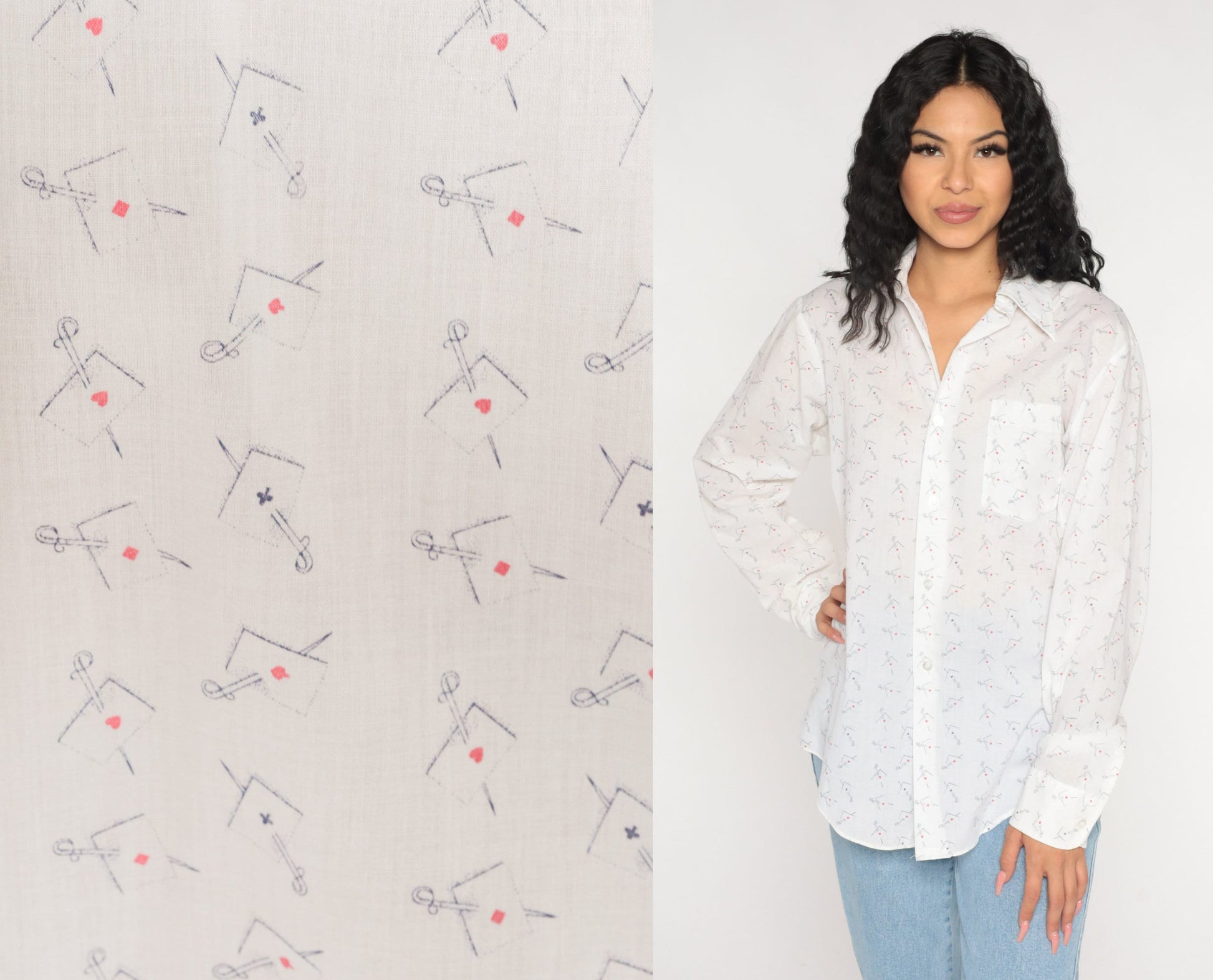 70s Playing Card Sword Print Button Up Shirt White Novelty Mens Medium