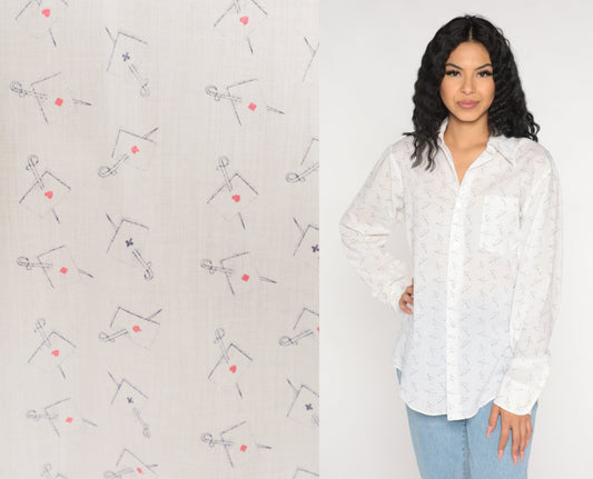 70s Playing Card Sword Print Button Up Shirt White Novelty Mens Medium