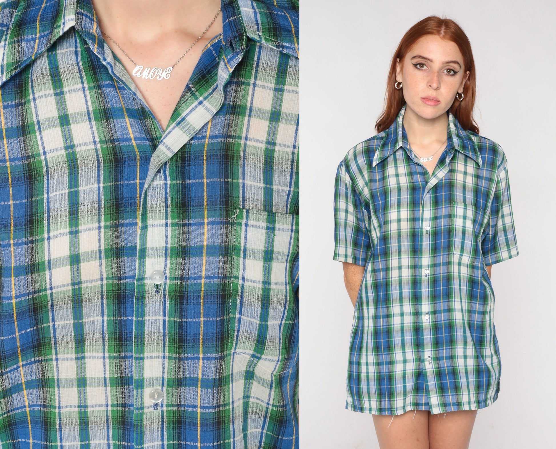 70s Blue Plaid Button-Up Shirt Green White Pointed Collar Short Sleeve Large