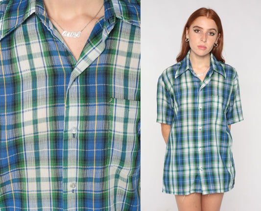 70s Blue Plaid Button-Up Shirt Green White Pointed Collar Short Sleeve Large