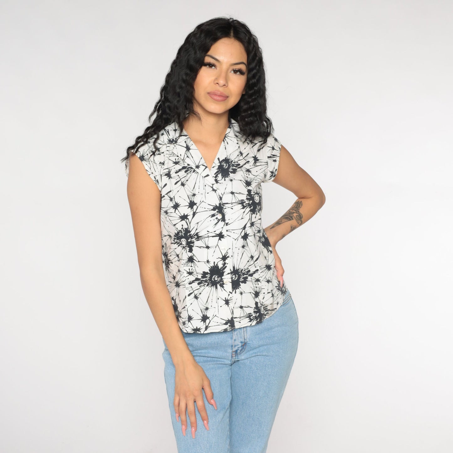 Y2K Abstract Splotch Button-Up Blouse Cap Sleeve White Black Extra Small