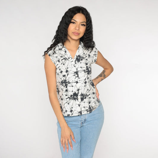 Y2K Abstract Splotch Button-Up Blouse Cap Sleeve White Black Extra Small
