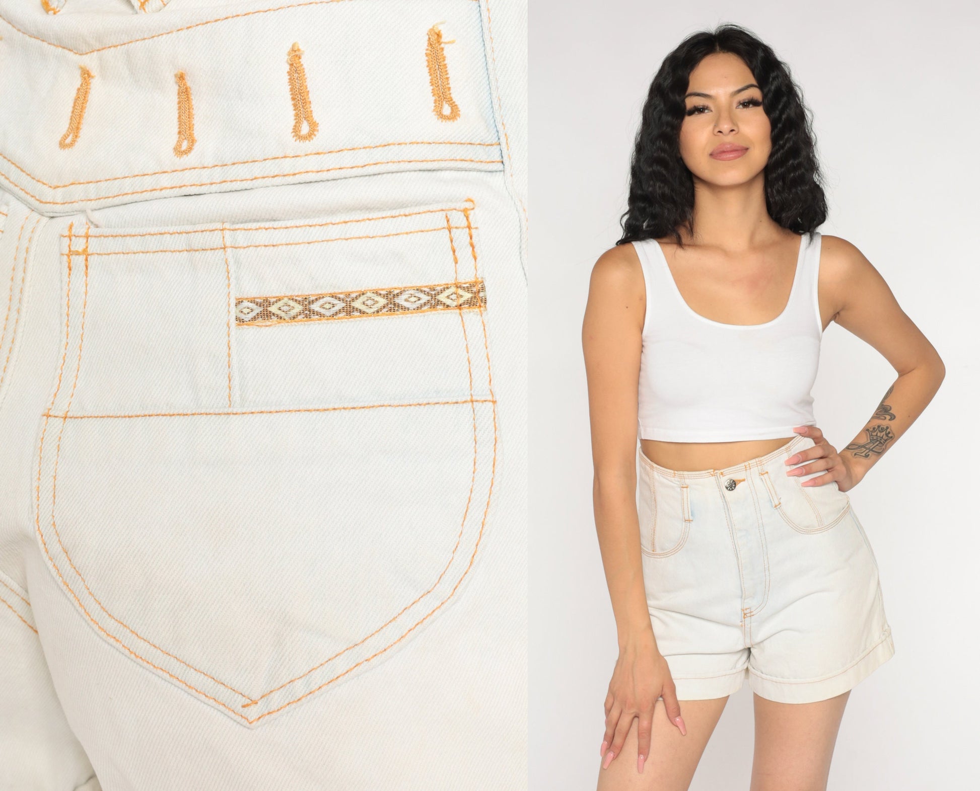 90s Off White Denim Shorts Ultra High Rise Southwestern Stitching Small