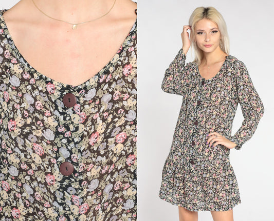 90s Floral Button-Up Mini Dress Long Sleeve Drop Waist Ruffled Small S