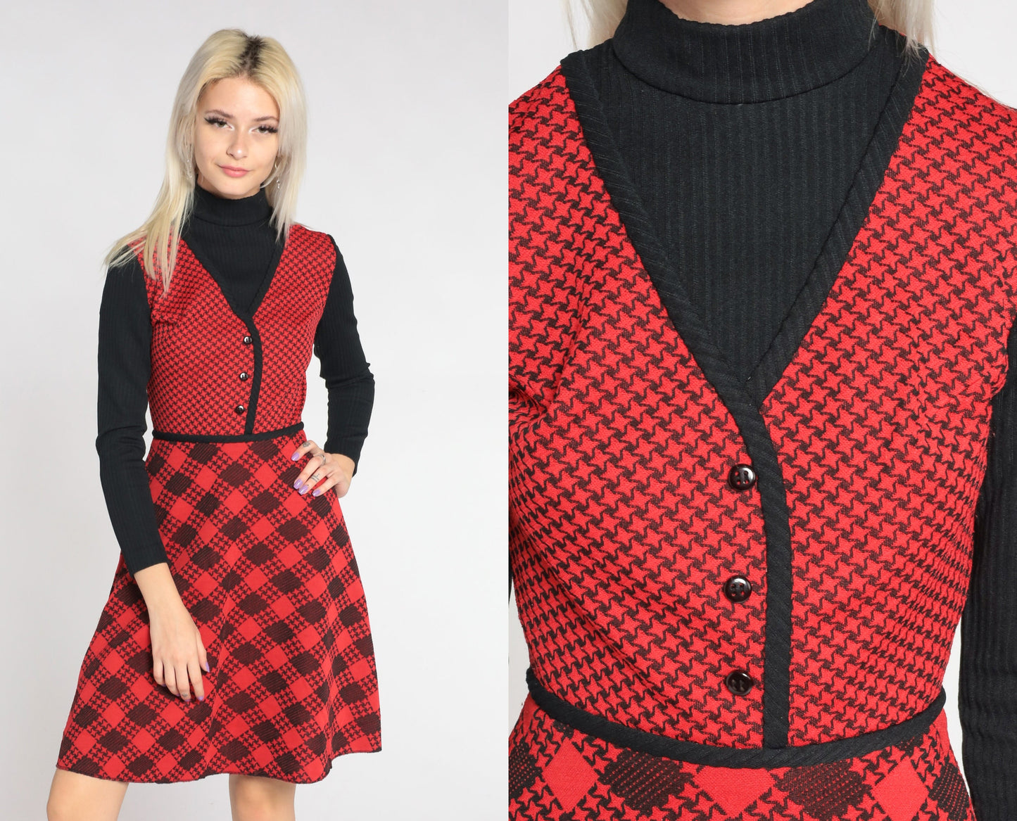 70s Red Checkered Mini Dress Black Turtleneck Attached Sleeves Extra Small