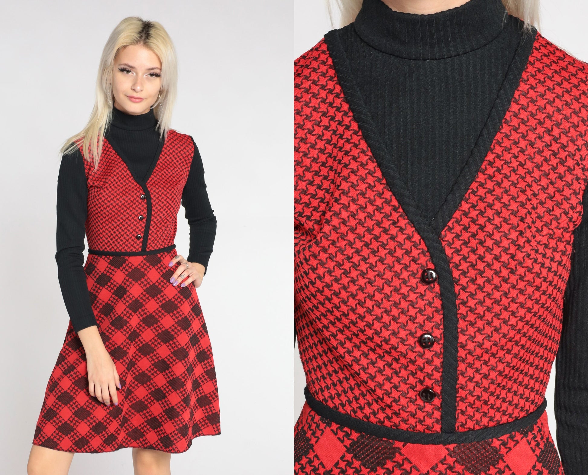 70s Red Checkered Mini Dress Black Turtleneck Attached Sleeves Extra Small