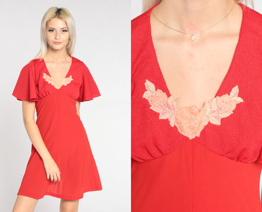 70s Red Mini Dress Floral Applique Empire Waist Flutter Sleeve Small