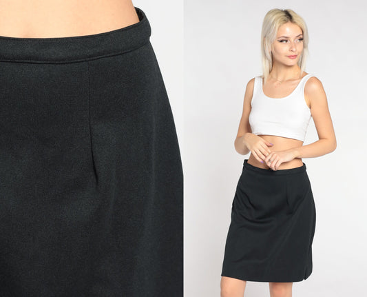 70s Black Mini A-Line Skirt High Waisted Side Zip Small