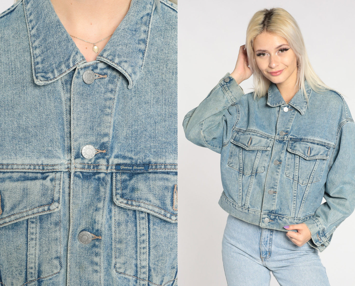 90s Guess Denim Jacket Blue Cropped Jean Coat Small S
