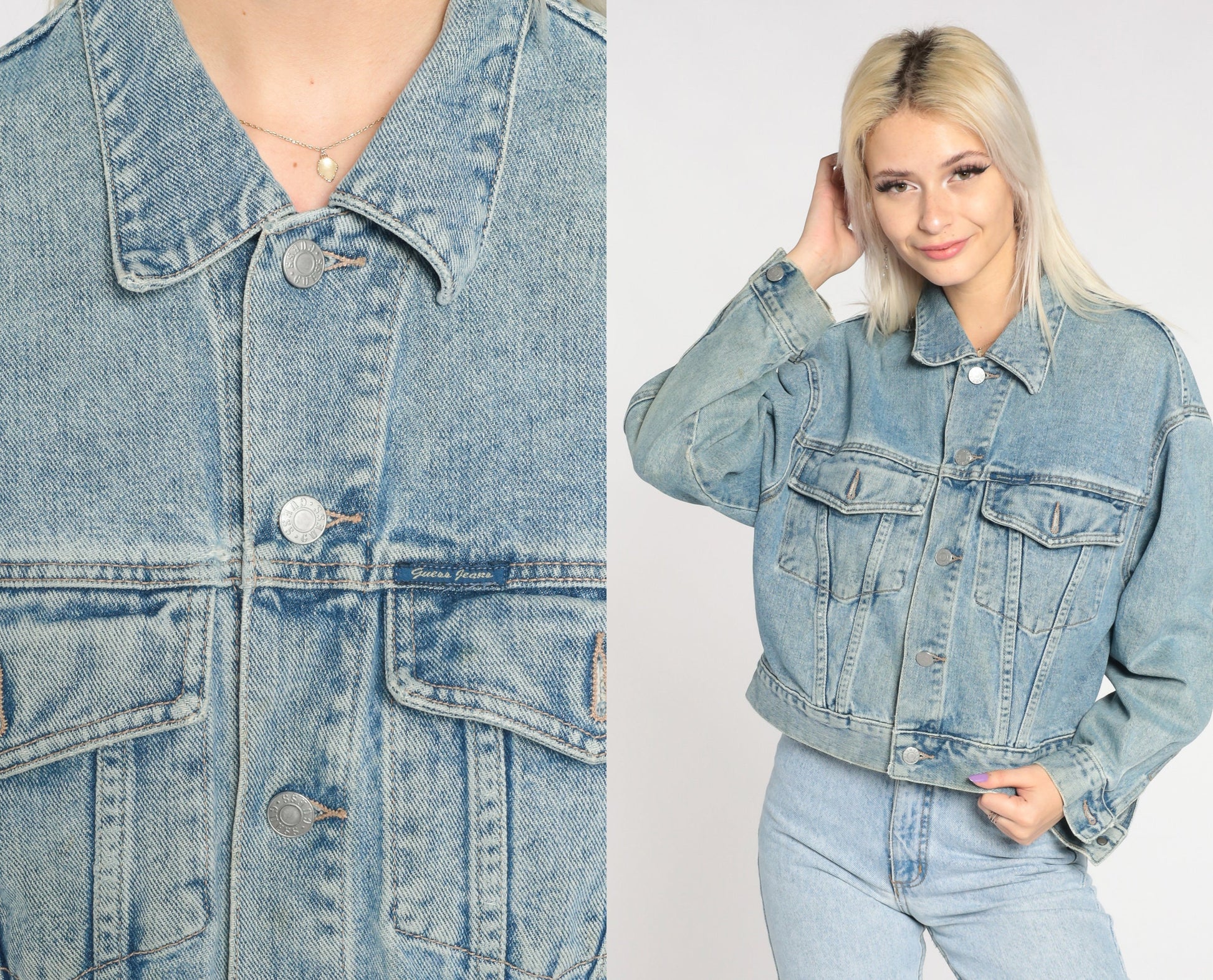 90s Guess Denim Jacket Blue Cropped Jean Coat Small S