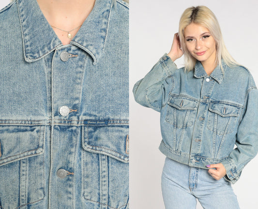 90s Guess Denim Jacket Blue Cropped Jean Coat Small S